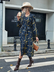 Chain Print Lantern Sleeve Split Hem Belted Dress - Hues