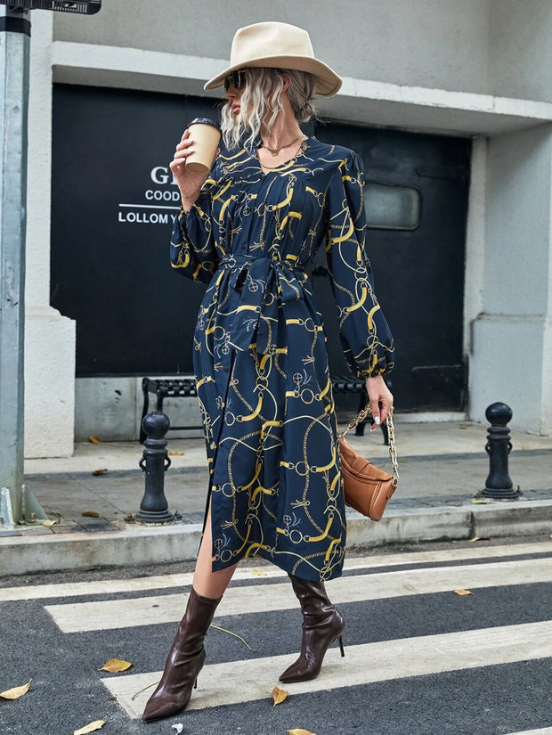 Chain Print Lantern Sleeve Split Hem Belted Dress - Hues