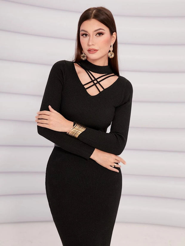 Crisscross Front Bodycon Sweater Dress Without Belt - Hues
