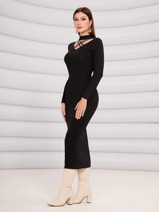 Crisscross Front Bodycon Sweater Dress Without Belt - Hues