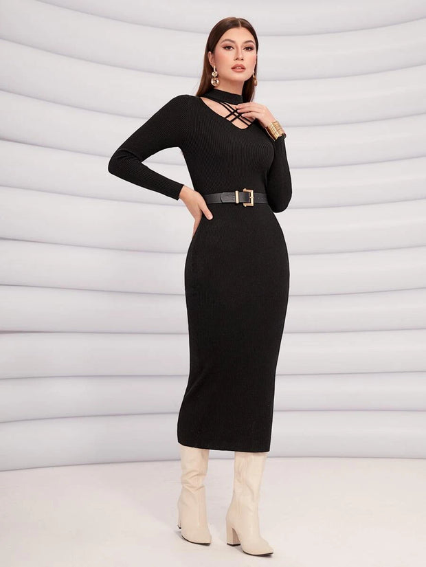 Crisscross Front Bodycon Sweater Dress Without Belt - Hues