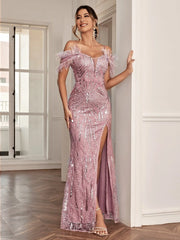 Hues Cold Shoulder Split Thigh Sequins Prom Dress - Hues