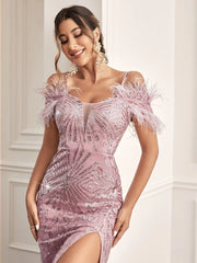 Hues Cold Shoulder Split Thigh Sequins Prom Dress - Hues