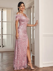 Hues Cold Shoulder Split Thigh Sequins Prom Dress - Hues