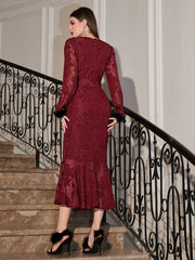Fuzzy Cuff Mermaid Hem Belted Jacquard Dress - Hues