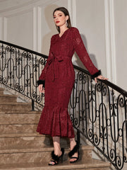 Fuzzy Cuff Mermaid Hem Belted Jacquard Dress - Hues