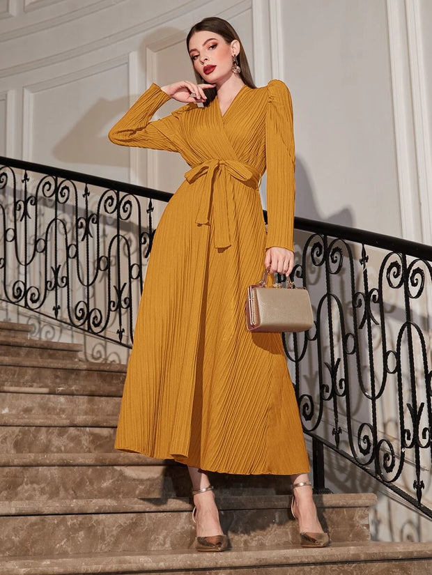 Puff Sleeve Wrap Belted Dress - Hues