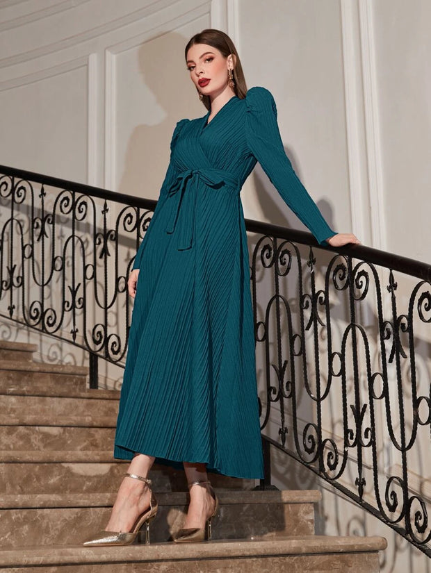 Puff Sleeve Wrap Belted Dress - Hues