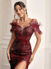Cold Shoulder Split Thigh Sequins Prom Dress - Hues