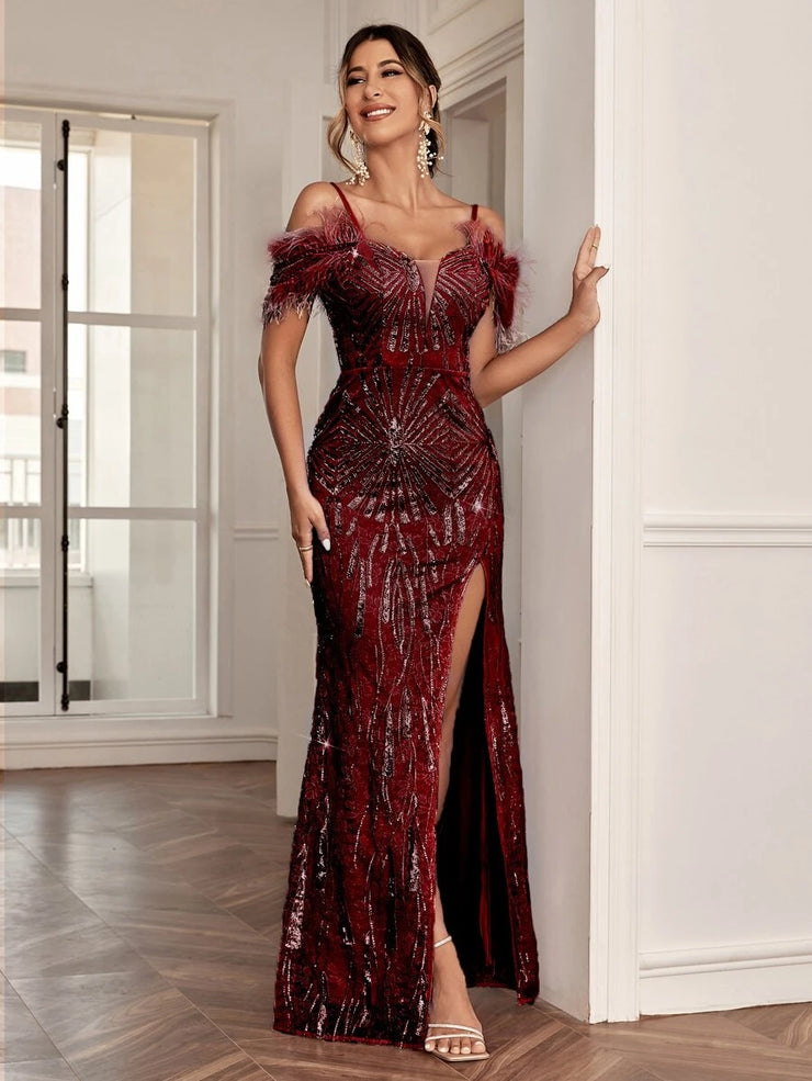 Cold Shoulder Split Thigh Sequins Prom Dress - Hues