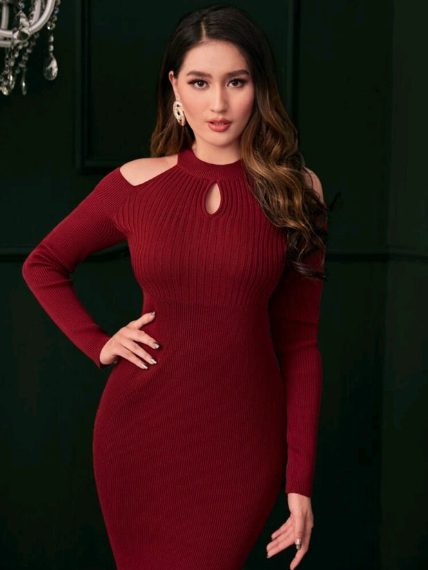 Cold Shoulder Cut Out Bodycon Sweater Dress - Hues