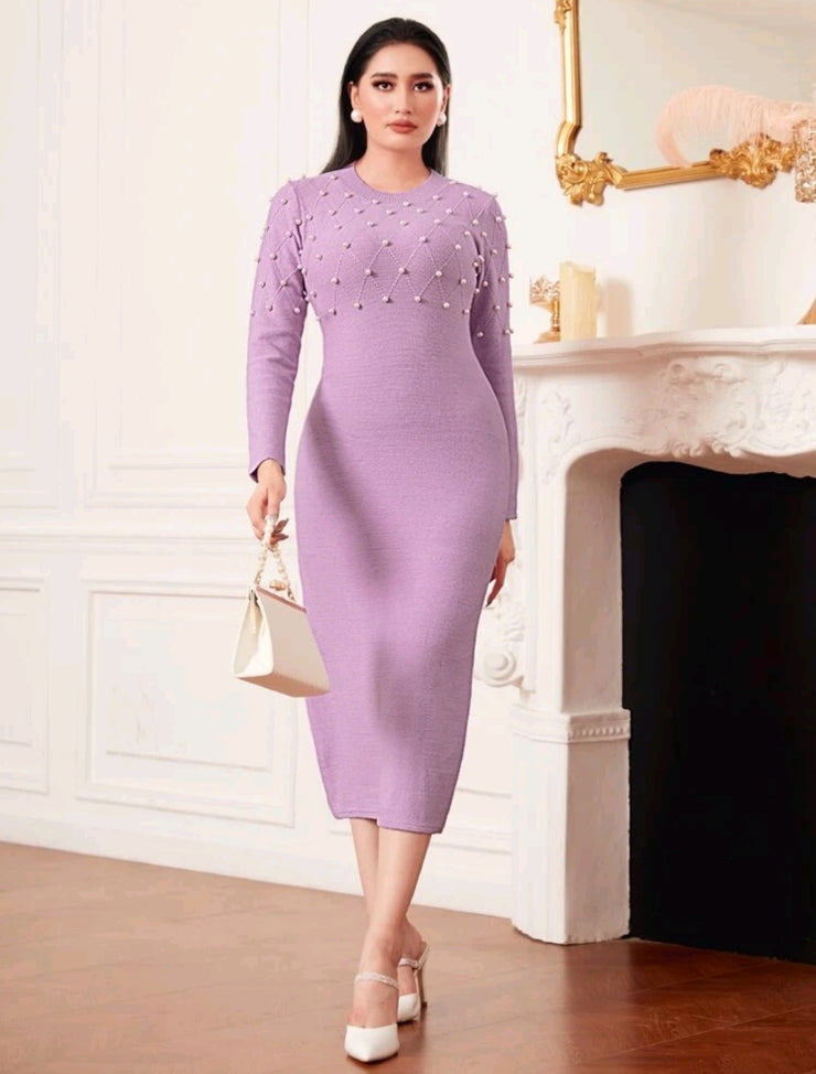 Pearls Beaded Bodycon Sweater Dress - Hues