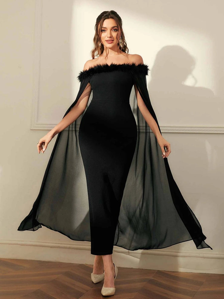 SHEIN Off Shoulder Fuzzy Trim Split Thigh Chiffon Prom Dress - Hues