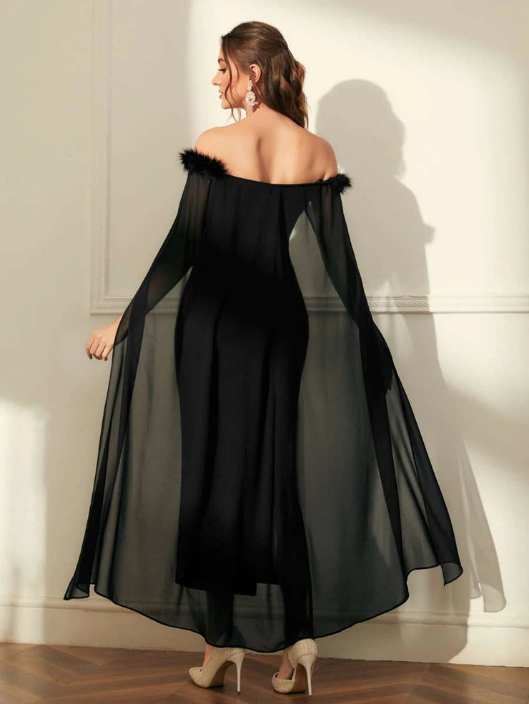 SHEIN Off Shoulder Fuzzy Trim Split Thigh Chiffon Prom Dress - Hues