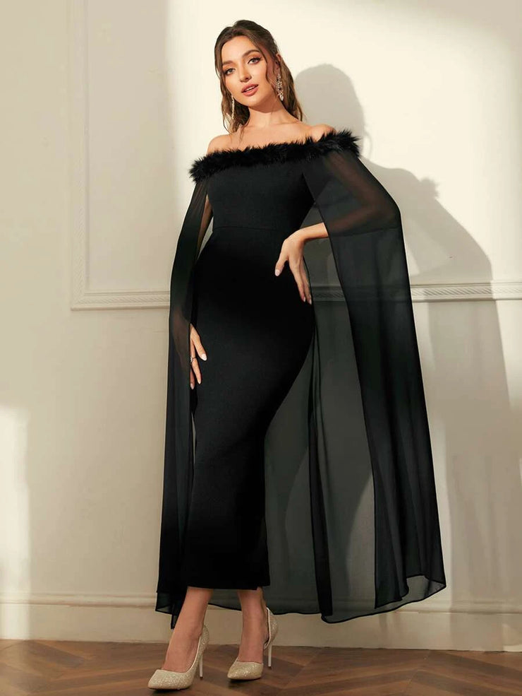 SHEIN Off Shoulder Fuzzy Trim Split Thigh Chiffon Prom Dress - Hues